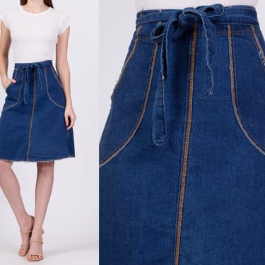 70s Denim Contrast Stitch Wrap Skirt - XS to Small | Vintage Dark Wash Blue Jean A Line High Waist Pocket Mini Skirt 