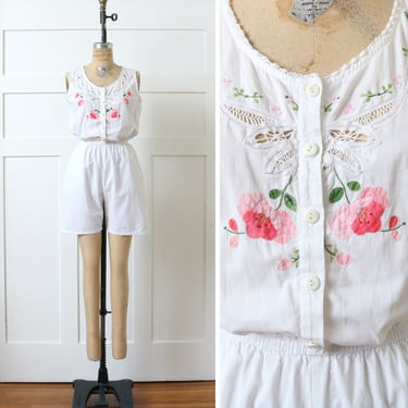 vintage 1990s victorian style white cotton romper • pink flower appliqué sleeveless shorts outfit 