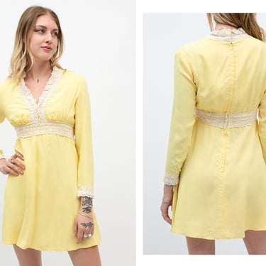Vintage 1970s 70s Pale Lemon Yellow Crochet Lace Mini Dress w/ V Neckline Full Length Sleeves Empire Waist Boho Hippy 