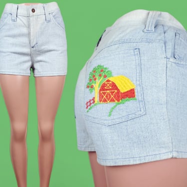 Embroidered 70s shorts with a little red barn & apple tree! Vintage, crewel stitching, Talon zip, Sears Jr Bazaar. (modern 6/8) 
