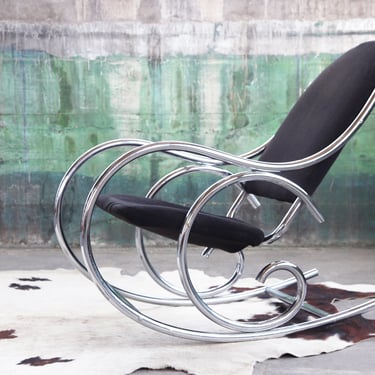 1970s Sculptural Chrome and Black Velour Rocking Chair Rocker in the Manner of Milo Baughman 