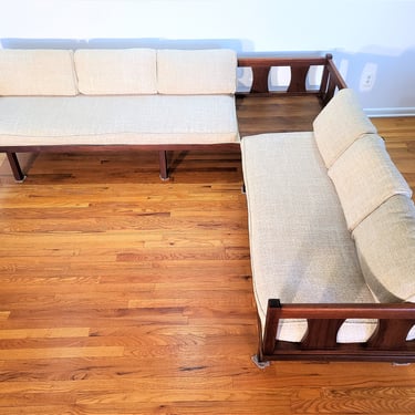 Mid Century Two Piece Sectional Sofa with Built in Side Table 
