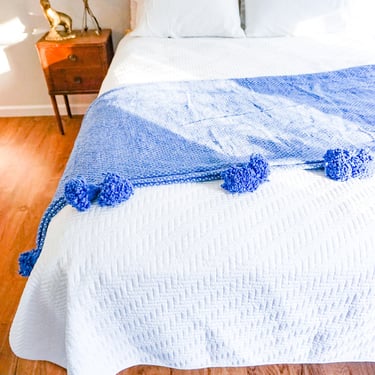 Queen Moroccan Blue and White Pom Throw Blanket 