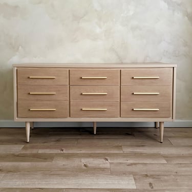 9-Drawer Mid-Century Modern Dresser with Natural Wood Details • Sideboard Buffet • Cabinet 