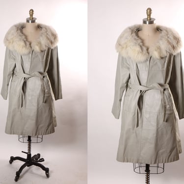 Late 1960s Early 1970s Gray Leather Mink Fur Trim Belted Long Sleeve Winter Coat 