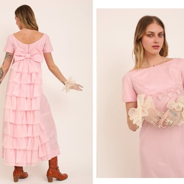 Vintage 1970s 70s Lorrie Deb of San Francisco Soft Pink Ruffle Bow Full Length Maxi Gown Dress w/ Low Back 