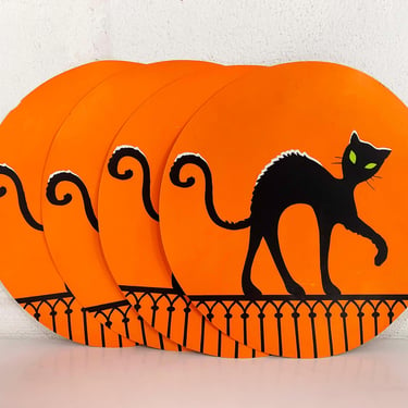 Vintage Halloween Party Placemats Set of 4 Round Circle Retro Black Cat on a Fence Decoration Vinyl Plastic 1990s 