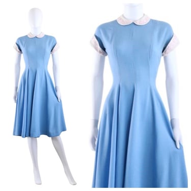 1950s Sky Blue Fit & Flare Dress with Peter Pan Collar - Peter Pan Collar Dress - 1950s Blue Fit and Flare Dress  | Size Small 