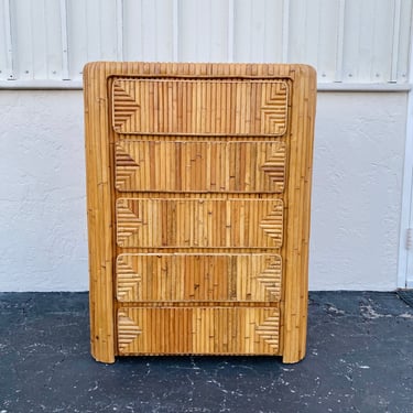 Vintage Waterfall Bamboo Dresser Chest of 5 Drawers with Geometric Details FREE SHIPPING MidCentury Modern Hollywood Regency Furniture 