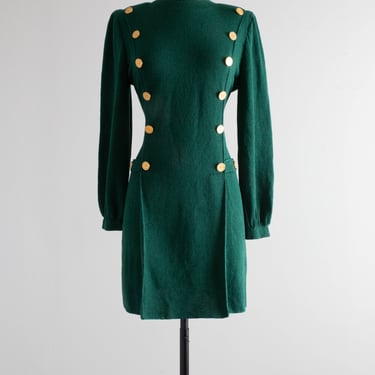 Fabulous Vintage Adolfo Knit Mini Dress With Brass Buttons / Medium
