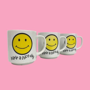 Vintage Smiley Face Mugs Retro 1960s Mid Century Modern + Have a Nice Day + White Porcelain + Set of 3 + Made in Japan + Kitchen + Drinking 