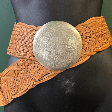 1970s moroccan belt saddle leather embossed braided boho belt XL 1X 