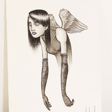Tom Haubrick Tattoo Ink Drawing on Paper Girl with Wings Signed 
