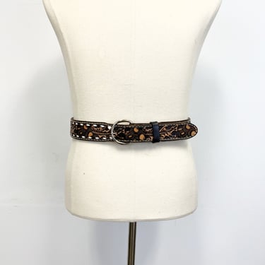 Vintage Tooled Leather Belt | 70s Mens Leather Belt with Acorns and Removable Buckle | 44 