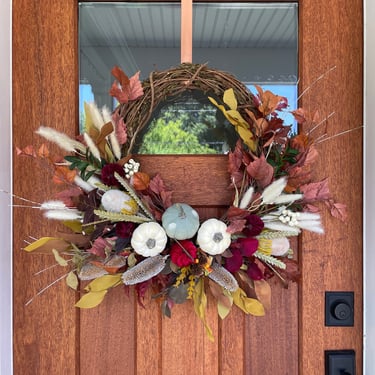 Fall farmhouse colorful wreath with rust and golden leaves, Fall wreaths for front door, Harvest Wreath, Pumpkin & Berry Front Door Wreath 