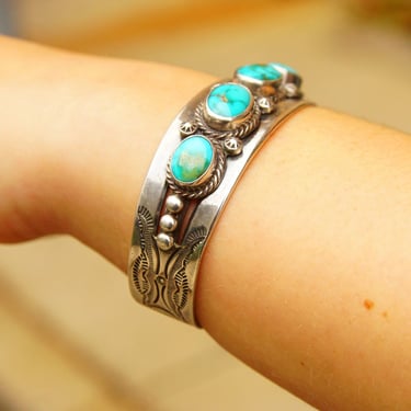 Vintage Hallmarked Fred Peshlakai Navajo 5-Stone Turquoise Cuff Bracelet, Multi-Stone Sterling Silver Bracelet, Hammered Designs, 5 3/4” L 