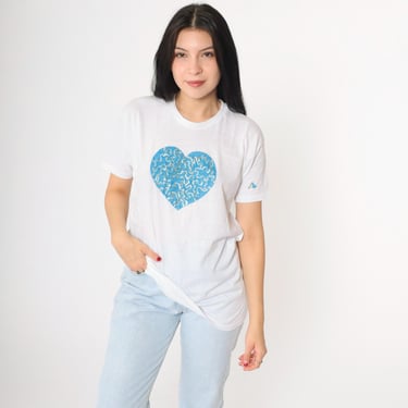 Vintage 80s Heart T-Shirt Glitter Hand Painted Tee Basic Graphic TShirt Retro Sparkly Single 1980s White Paper Thin Semi-Sheer Medium M 