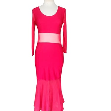 Vintage 90s Red Party Dress Long Bodycon Sheer Panels / Halla / S 