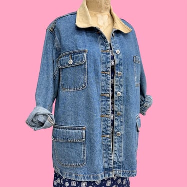Vintage Chore Coat Retro 1990s Bill Blass + Denim Jacket + Size Medium + Corduroy Collar + Medium Wash + Barn + Cotton + Womens Outerwear 