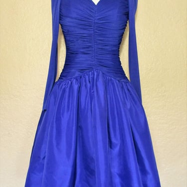 Vintage 1980s Huey Waltzer for Darcy Dress, Small/ Medium Women, blue shirred, hi low skirt 