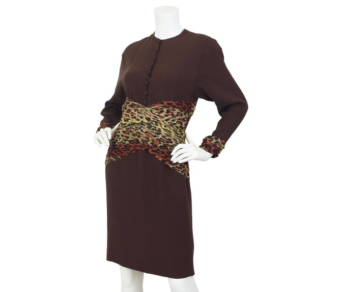 Jean-Louis Scherrer 1980s Vintage Leopard Print Dress Sz S / Designer Silk Chifon & Brown Crepe 