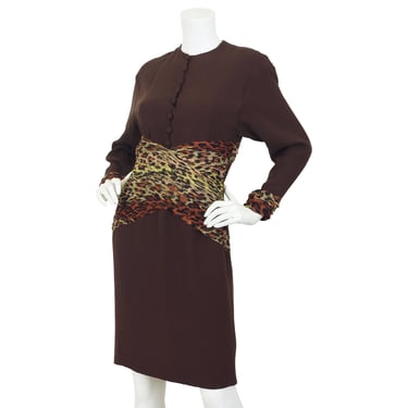Jean-Louis Scherrer 1980s Vintage Leopard Print Dress Sz S / Designer Silk Chifon & Brown Crepe 