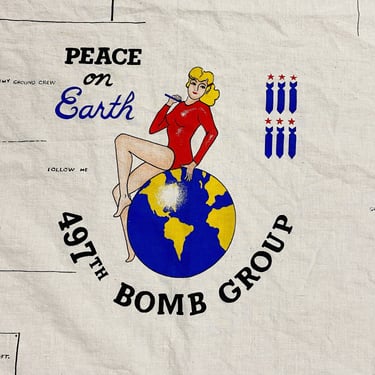 Rare 497th Bomb Group Linen Sheet - Peace on Earth - WW2 Bomber Squad - 75" x 55" - Vintage Wall Art - 1970s - Cool Textiles - Ideal Textile 