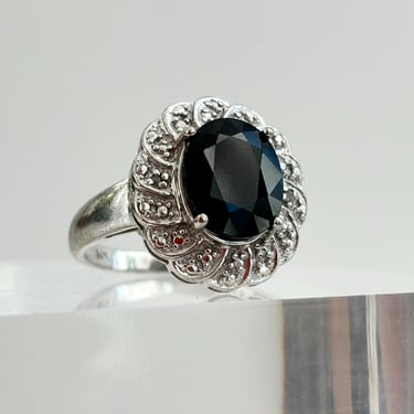 Floral Halo Design Black Onyx Clear Cubic Zirconia Vintage Tapered Shank Sterling Silver Women's Classic Statement Ring - sz 7.75 