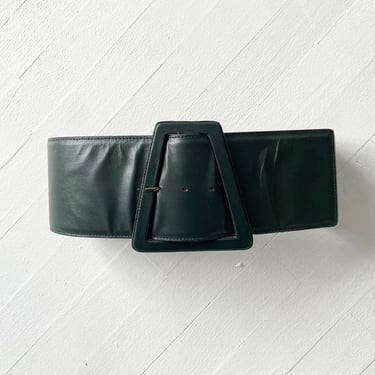 1980s Yves Saint Laurent Forest Green Leather Wide Trapezoid Belt 
