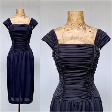 1980s Vintage Black Ruched Nylon Dress, 80s Drop-Waist Princess Seam Sheath, Small 34