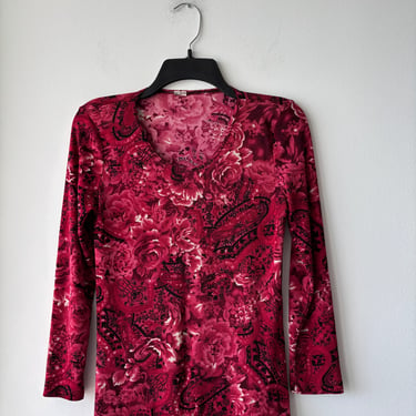 90s Y2K VTG Top Red Pink Floral Paisley Long Sleeve Stretch Grunge Whimsigoth Women S/M 