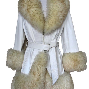 Leather Penny Lane Coat, Vintage 60s/70s, White Leather, Dyed Lamb Fur Trim, XS/S Women 