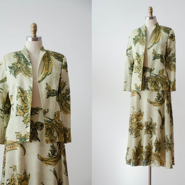 sage green silk linen suit | 90s y2k vintage Due Per Due green yellow bird pattern midi skirt blazer set 