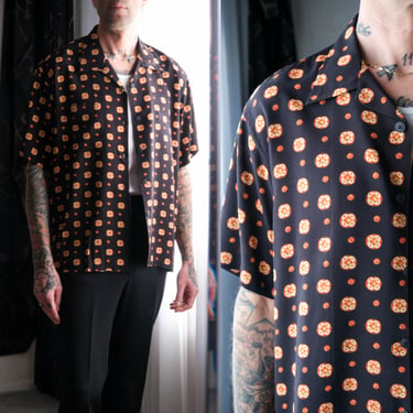 Vintage CLACTON & FRINTON Los Angeles Black Geometric Polkadot Loop Collar Shirt | Made in USA | 100% Rayon 1980s 1990s Designer Mens Shirt 
