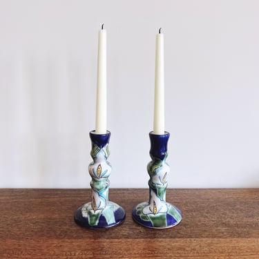 Vintage Mexican Ceramic Hand-Painted Calla Lily Taper Candle Holders, Set of 2 