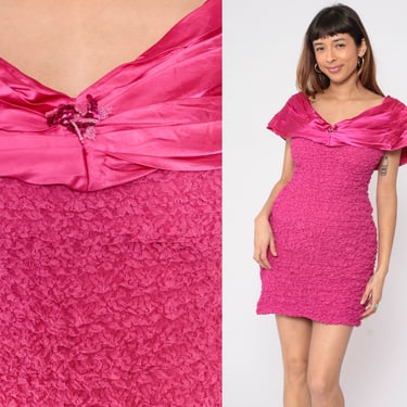 Hot Pink Lace Dress 80s Bodycon Mini Party Dress Satin Beaded Sequin Trim Cocktail Body Con Tight Minidress Fuchsia Vintage Small Medium 