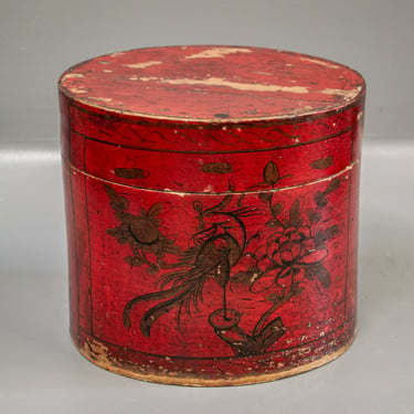 Vintage Red Lacquer Painted Hat Box