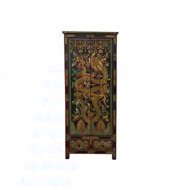 Tibetan Style Golden Dragon Graphic Tall Slim Narrow Storage Cabinet ws4610E 
