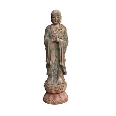 Chinese Rustic Wood Standing Praying Lohon Monk Statue ws2694E 