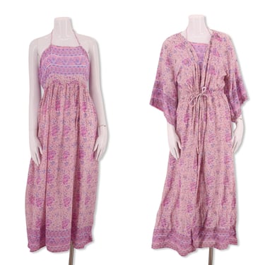 70s India print cotton peasant dress set M, vintage 1970s pink block print halter and caftan outfit, sheer cotton duster robe adini phool 