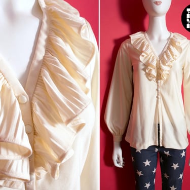 Lovely Vintage 60s 70s Flowy Cream-Colored Long Sleeve Blouse with Ruffles and Open Bottom 