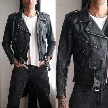 Vintage 70s MARYLAND LEATHER INC. Black Perfecto Styled Motorcycle Leather Jacket | Size 40 | 1970s 1980s Leather Ramones Biker Jacket 