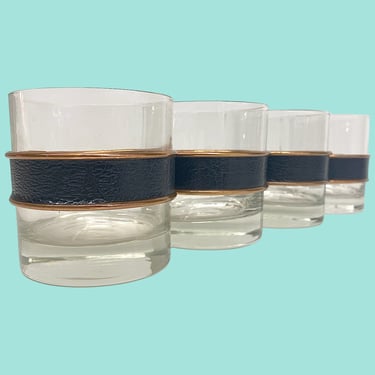 Vintage Coppercraft Whiskey Glasses Retro 1960s Mid Century Modern + Clear Glass + Leather + Metal Trim + Set of 4 + Rocks Glass + Barware 
