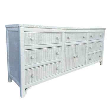 Henry Link Wicker Dresser with 9 Drawers and Glass Table Top - Vintage White Wrapped Rattan Coastal Boho Chic Furniture 