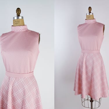 60s Pink Fit and Flare Mini Dress / Polka Dot Dress / Full Skirt Dress / Mini Dress / size S/M 