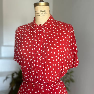 Summer Cherry Red and White Polka Dot Dress 1940s Vintage 42 Bust 