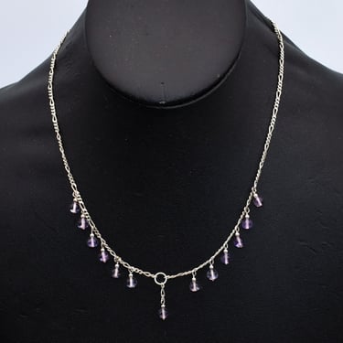 Dainty 70's amethyst sterling bib, purple bead dangles 925 silver figaro chain princess necklace 