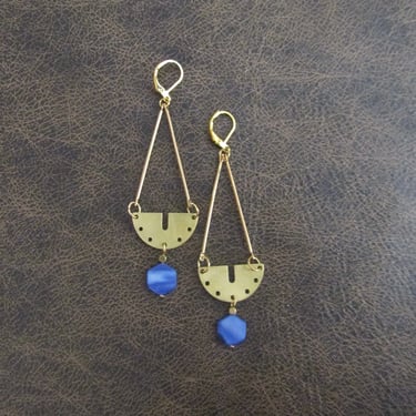 Brass geometric earrings, mid century modern, minimalist, simple unique artisan earrings, periwinkle blue, mother of pearl 