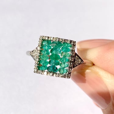Cool Unusual Zancan 18K 750 White Gold Emerald Bead & Diamond Plaque Ring Sz 7.5 