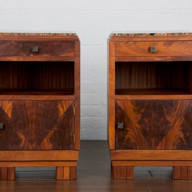 1930s French Art Deco Mahogany Nightstands W/ Marble Tops - A Pair 